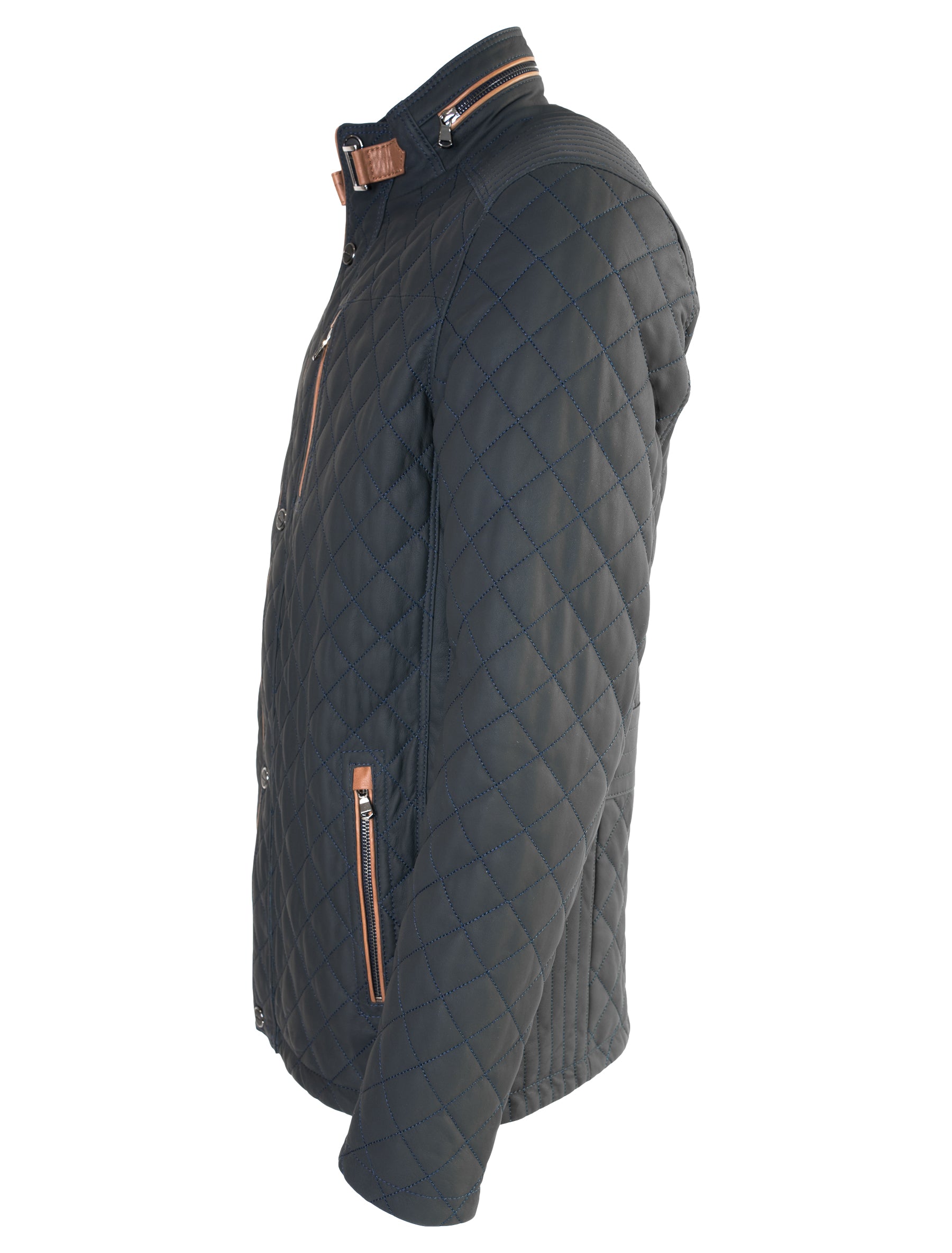 Apollo - Lange Lederjacke gesteppt - dunkelblau braun