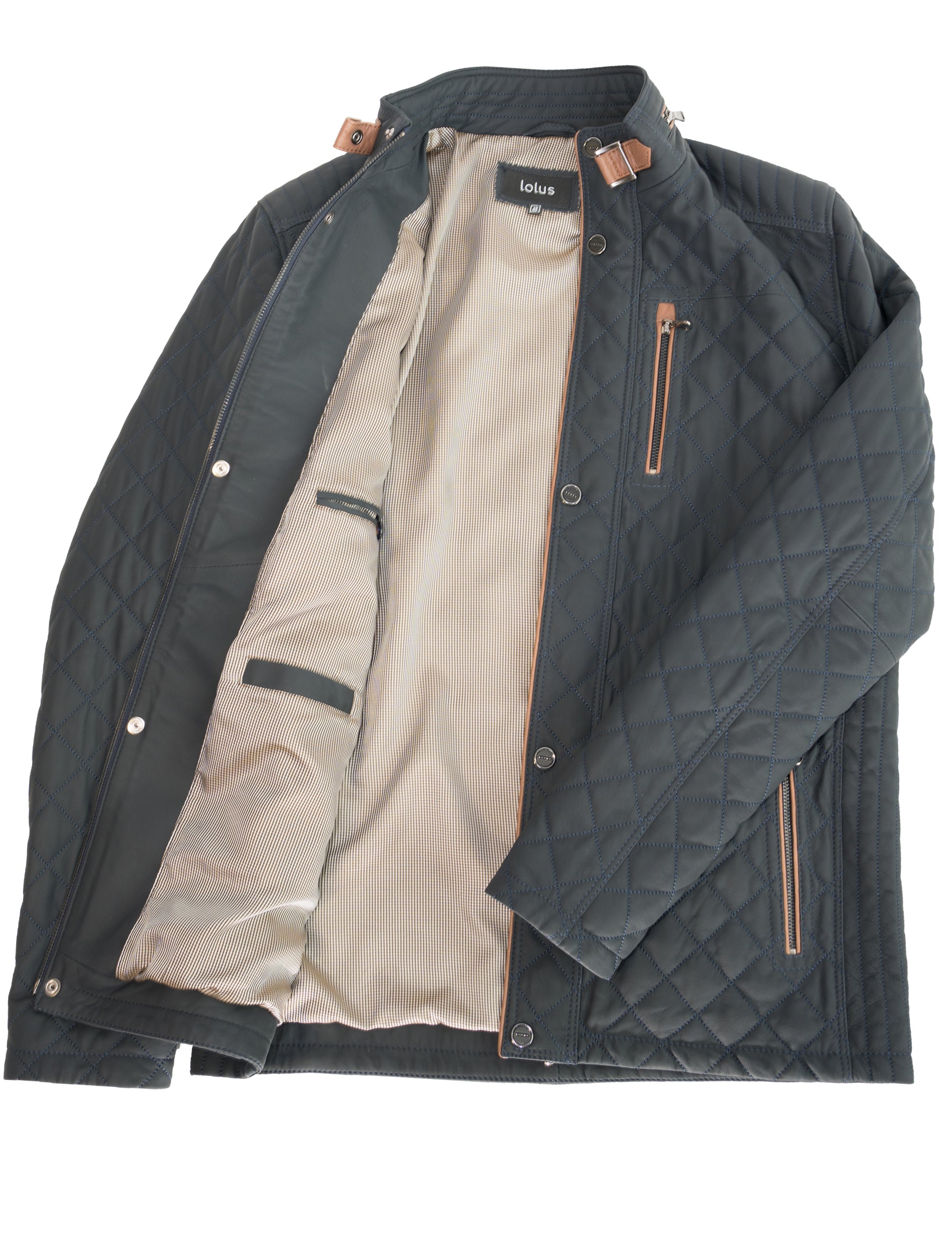 Apollo - Lange Lederjacke gesteppt - dunkelblau braun