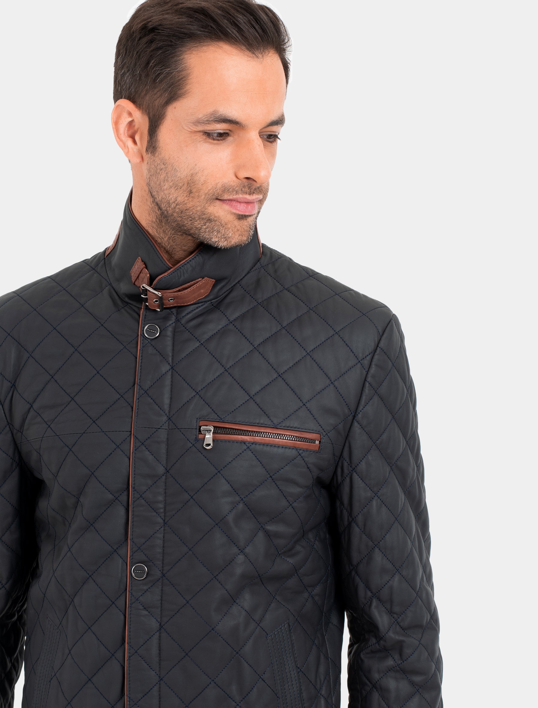 Leno - Lederjacke gesteppt - dunkelblau braun