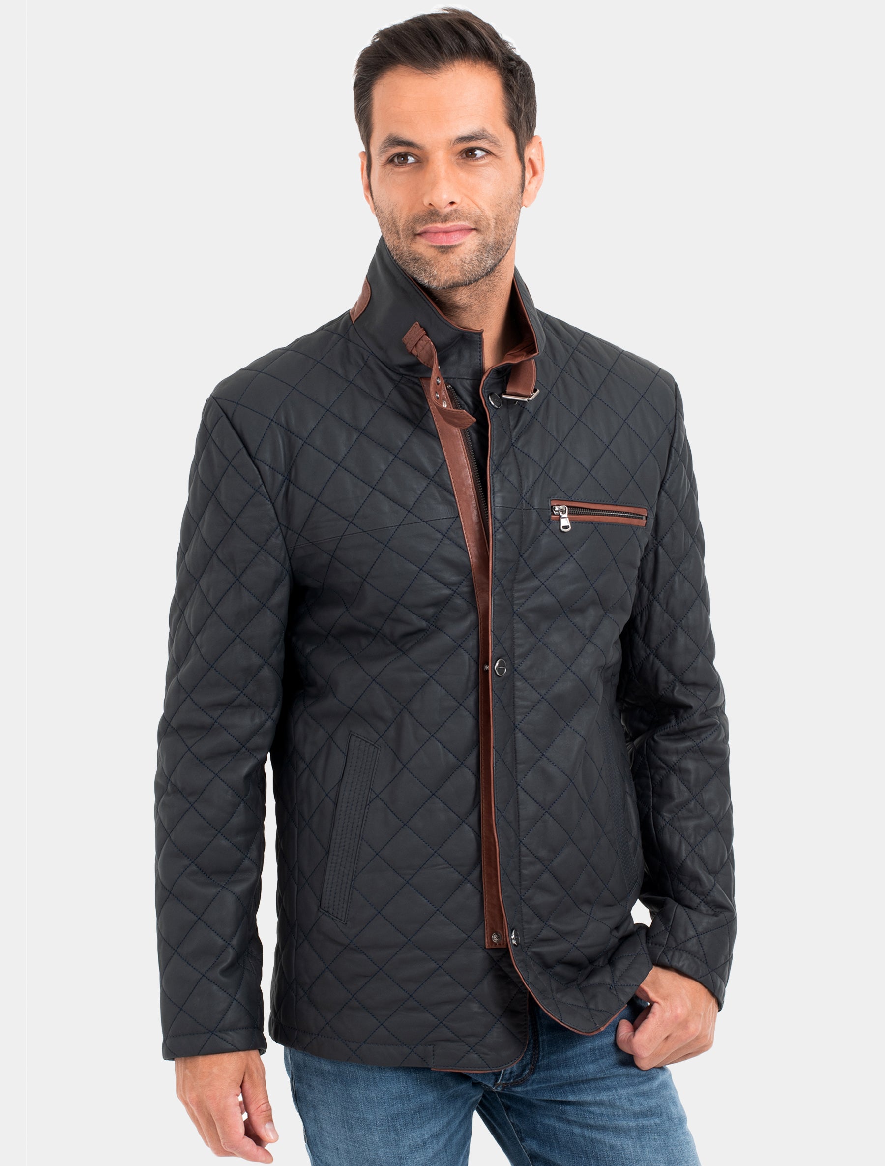 Leno - Lederjacke gesteppt - dunkelblau braun